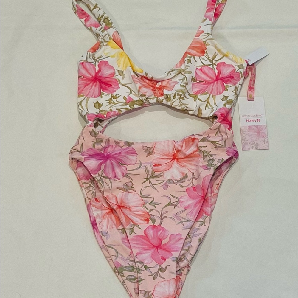 LOVESHACKFANCY X Hurley Cheeky One Piece in Hibiscus Cut Out Swimsuit Small New - Picture 6 of 9